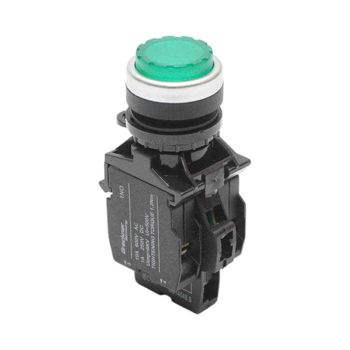 Pulsante luminoso convesso 24V AC/DC LED verde con ritorno 1NO+1NC, 10A/600V AC, 1A/250V DC LA42 Breckner Germany
