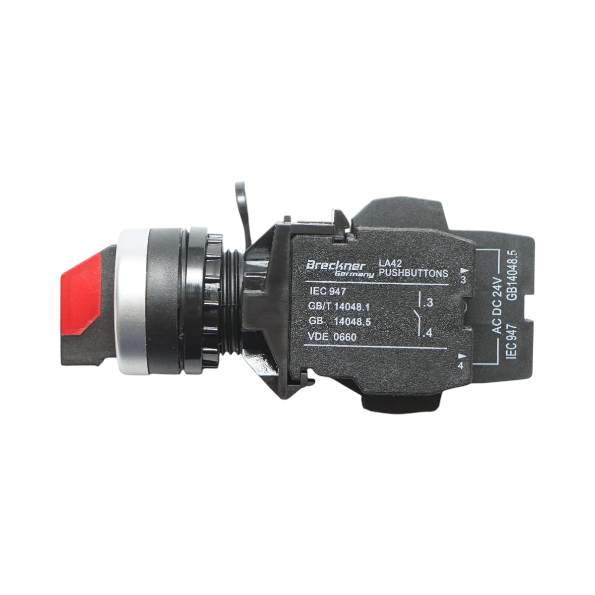 Selettore luminoso 24V AC/DC LED rosso a 3 posizioni 2NO, 10A/600V AC, 1A/250V DC LA42 Breckner Germany