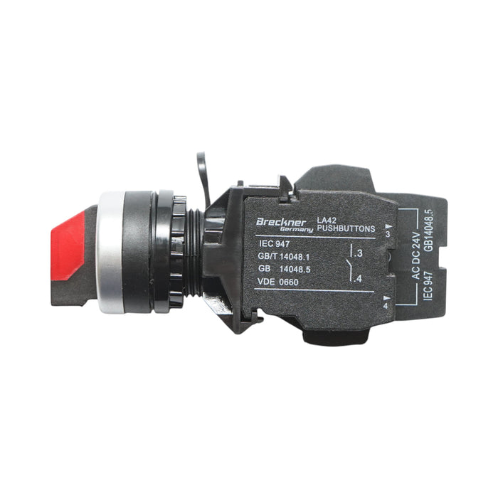 Selettore luminoso 24V AC/DC LED rosso a 3 posizioni 2NO, 10A/600V AC, 1A/250V DC LA42 Breckner Germany