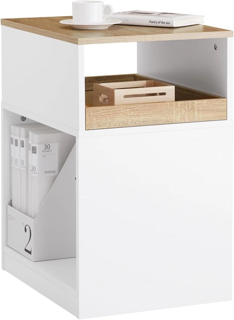 Cassettiera Scrivania con Ruote Cassettiera Ufficio con Scomparto Aperto e Cassetto Rimovibile Mobile Ufficio Porta Stampante Salvaspazio Bianco e Naturale 40x50x65cm ASK08-WN