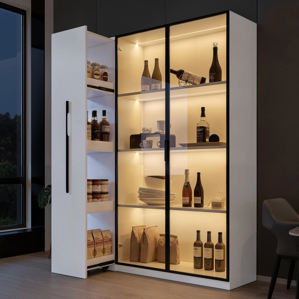 Vetrina con Anta in Vetro e LED; con Ampio Cassetto Laterale Estraibile; Stile Moderno; in MDF; Bianco; 110;5??35??160 cm