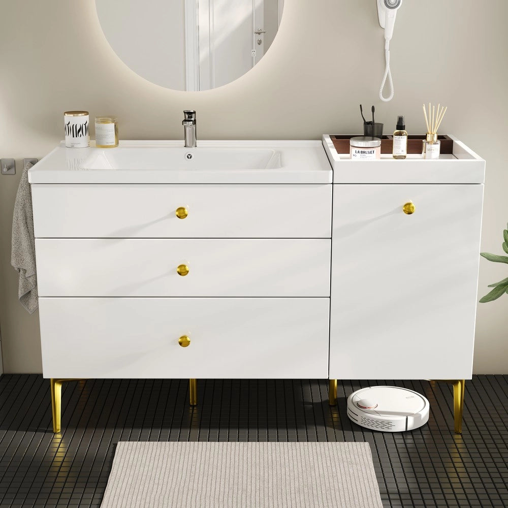 Mobile da Bagno con Lavabo in Ceramica, Cassetti e Ante ¨C Xylo ¨C Bianco e Oro
