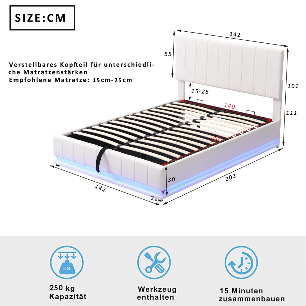 Letto Imbottito Contenitore 140x200 ¨C MINIMAL ¨C Bianco, LED, Testiera Regolabile, Idraulico