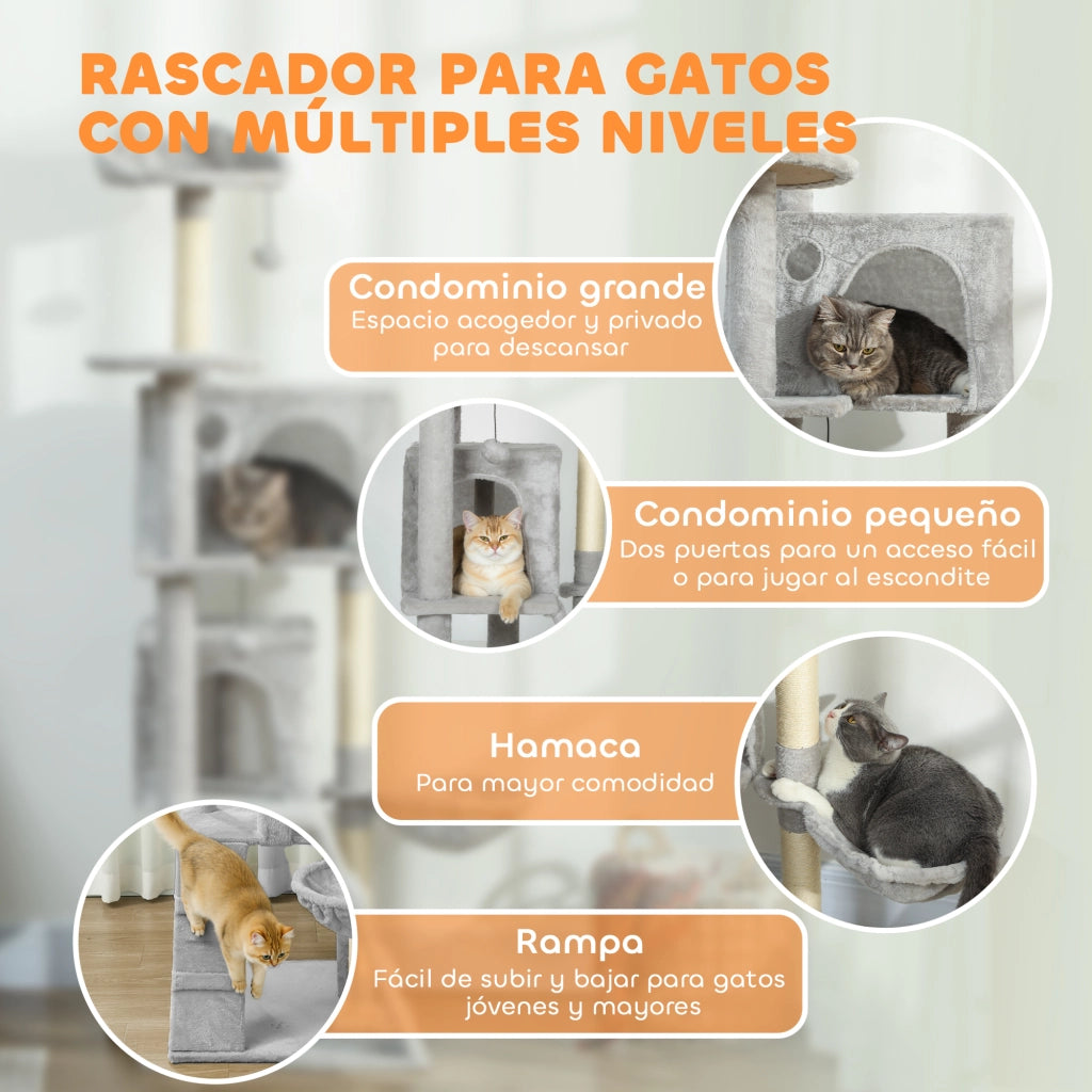 Tiragraffi per Gatti 160cm ¨C Xylo ¨C Grigio Chiaro con Piattaforme Cucce Amaca Scaletta