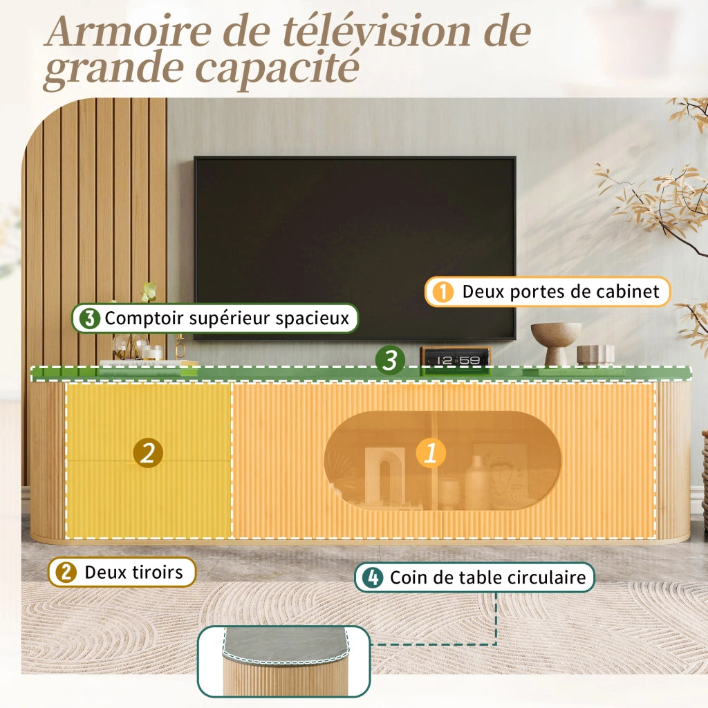 Mobile TV con 2 Ante 3D; 2 Cassetti e Vetrina Ovale in Vetro Grigio; Stile Minimalista; 172??38??45;5 cm; Naturale
