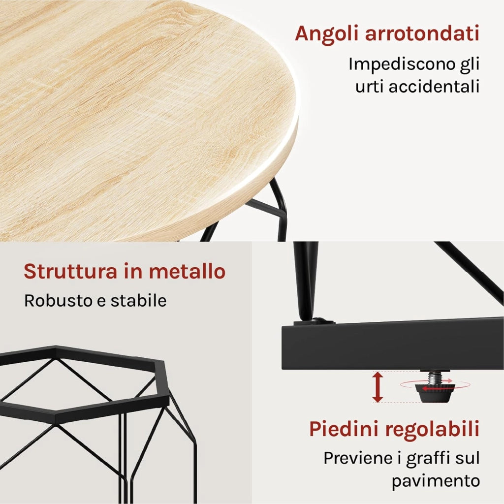 Set di 2 Tavolini da Salotto Rotondi, Tavolini Contenitori in Legno e Metallo, Tavoli da Caffè con Piano Rimovibile, per Soggiorno, Camera da Letto, Legno + Nero, BTS05hei