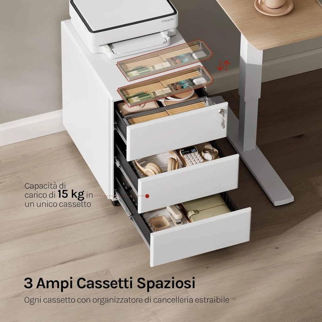 Cassettiera da Ufficio Scrivania Studio con Rotelle Mobiletto con 3 Cassetti e Serratura per Documenti Cartelle Sospese Cancelleria, Pre-Assemblato, metallo Bianco SK024ws