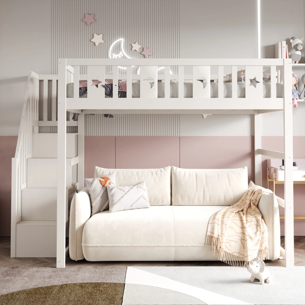 LETTO A CASTELLO 140x200 con scala, legno massello, bianco