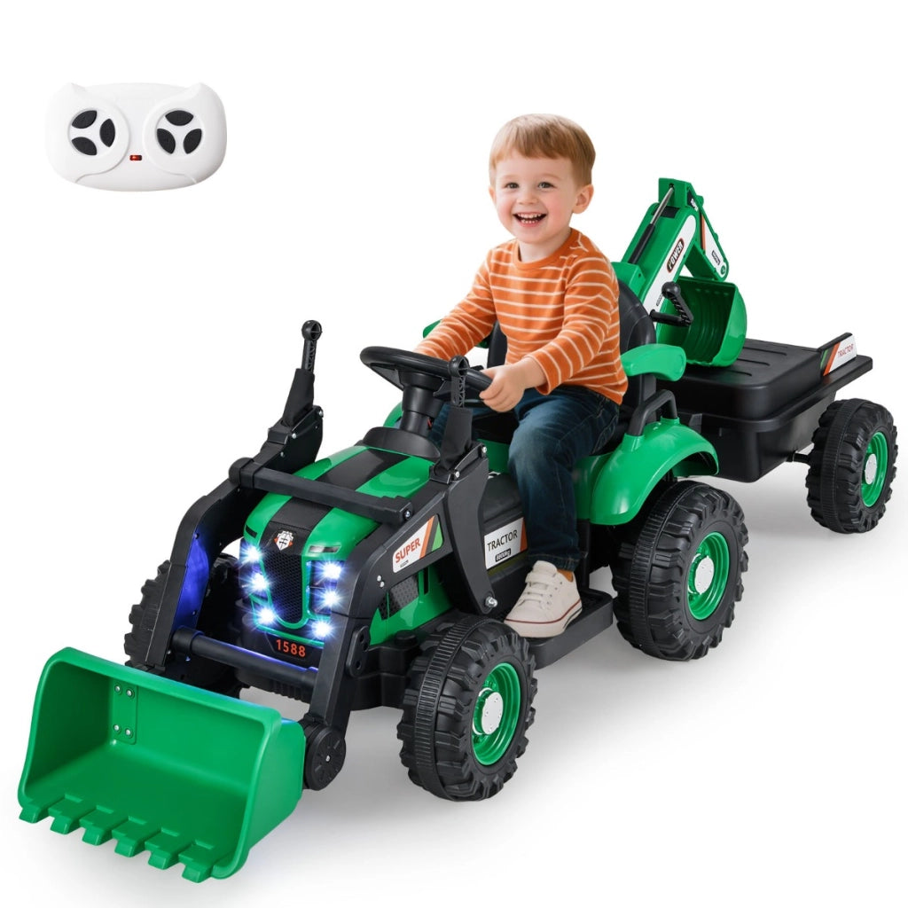 Veicolo di costruzione elettrico 12V con rimorchio cucchiaia scavatore trattore-Escavatore e bulldozer 4-in-1 per bambini Verde