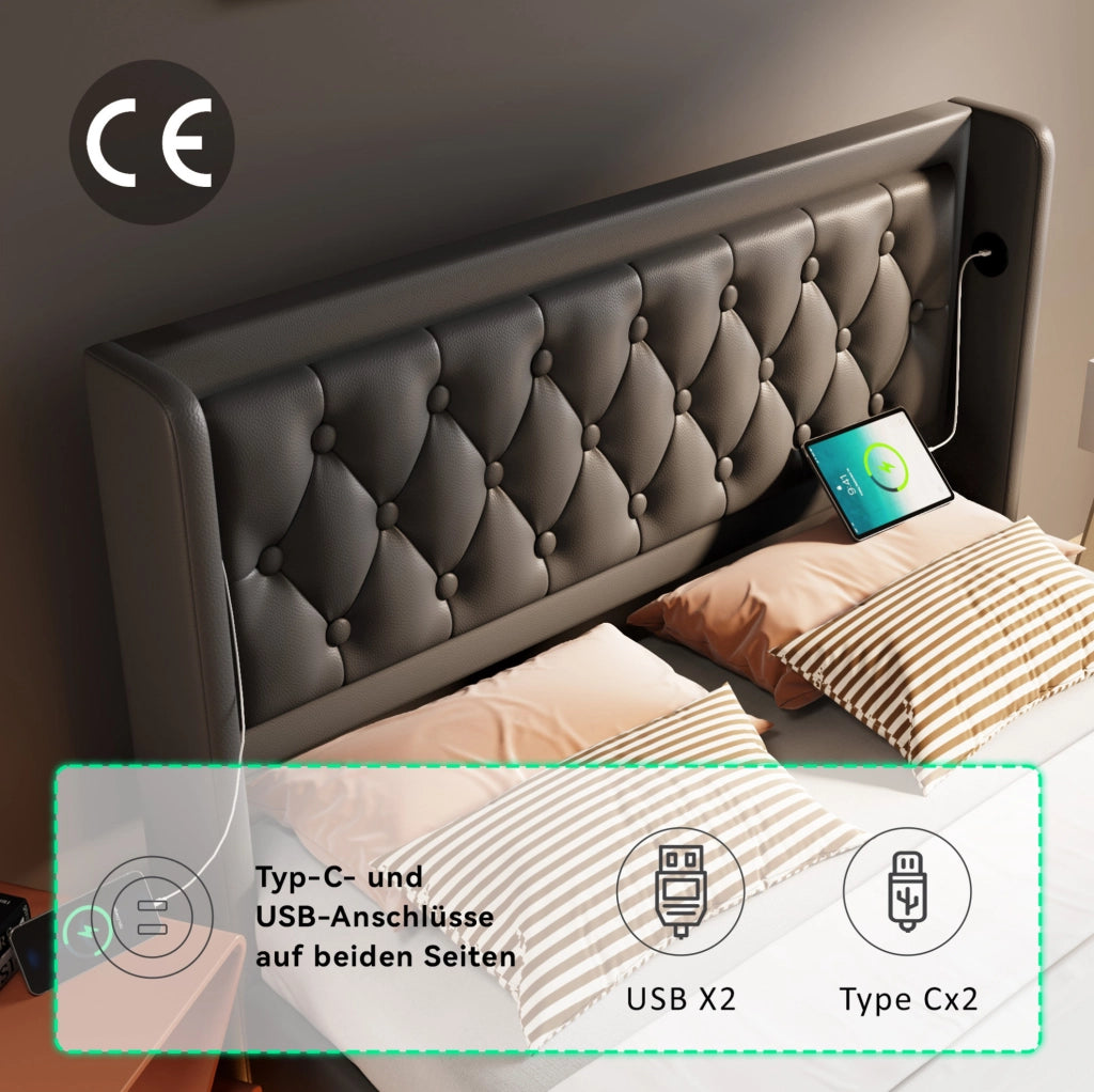 Letto matrimoniale contenitore 160x200 nero in PU con LED