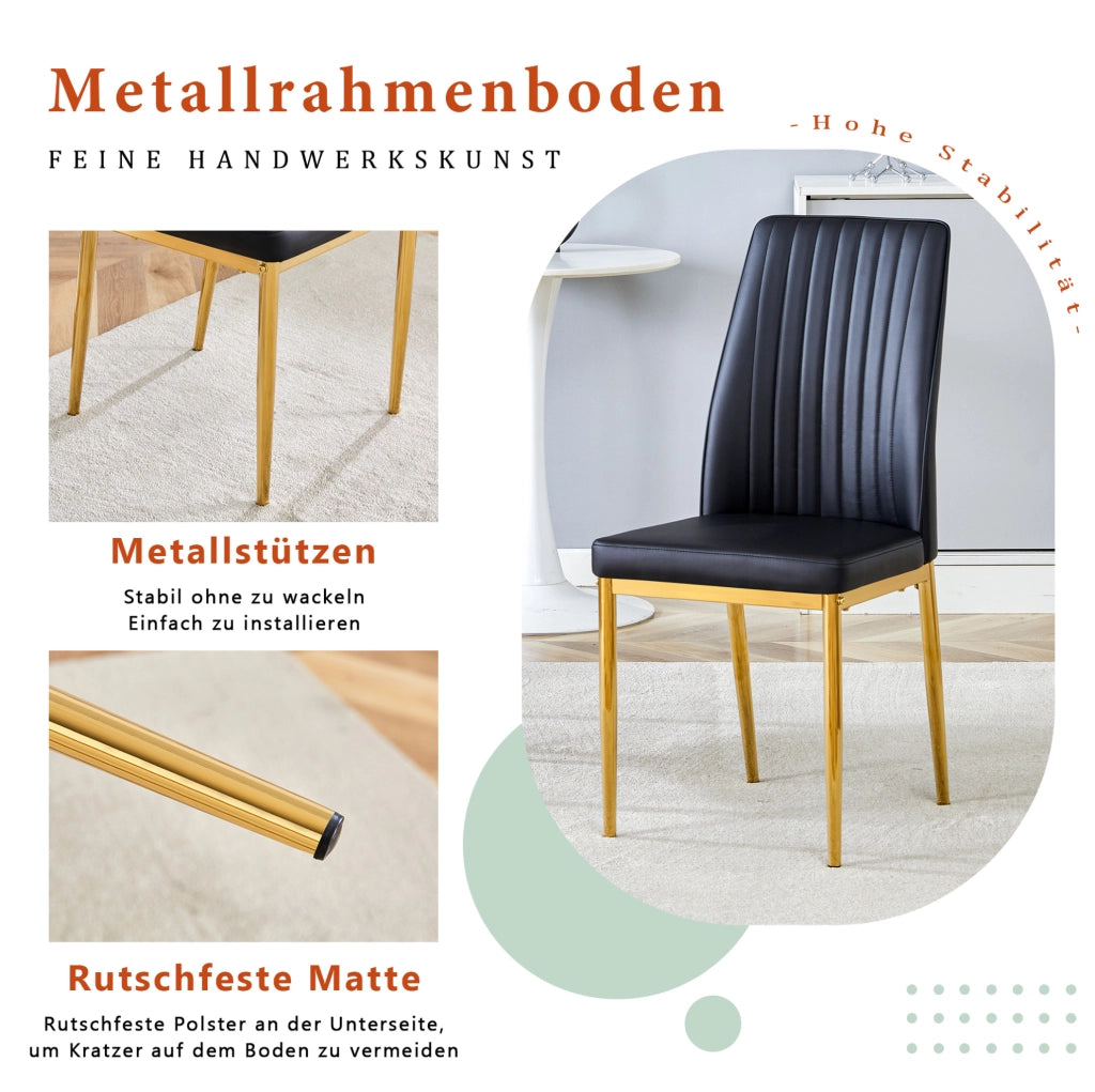 Set 4 sedie da pranzo moderne in PU nero con gambe in metallo dorato; 80 x 50 x 46;5 cm