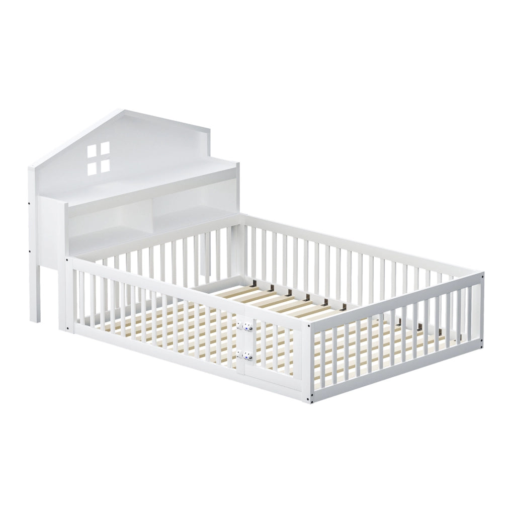 Letto per bambini 140x200 cm con sponde; porta e lavagna; bianco