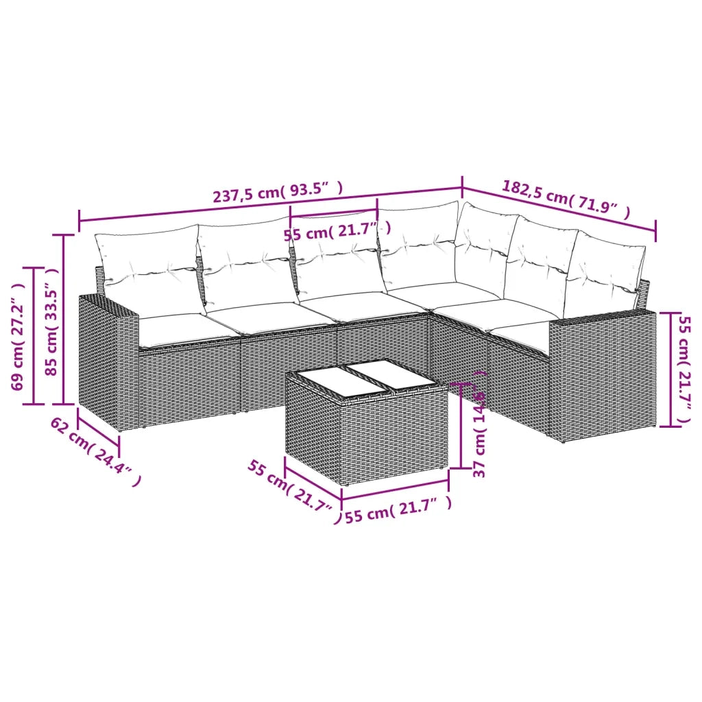 Set Divani da Giardino 7pz con Cuscini Grigio Chiaro Polyrattan