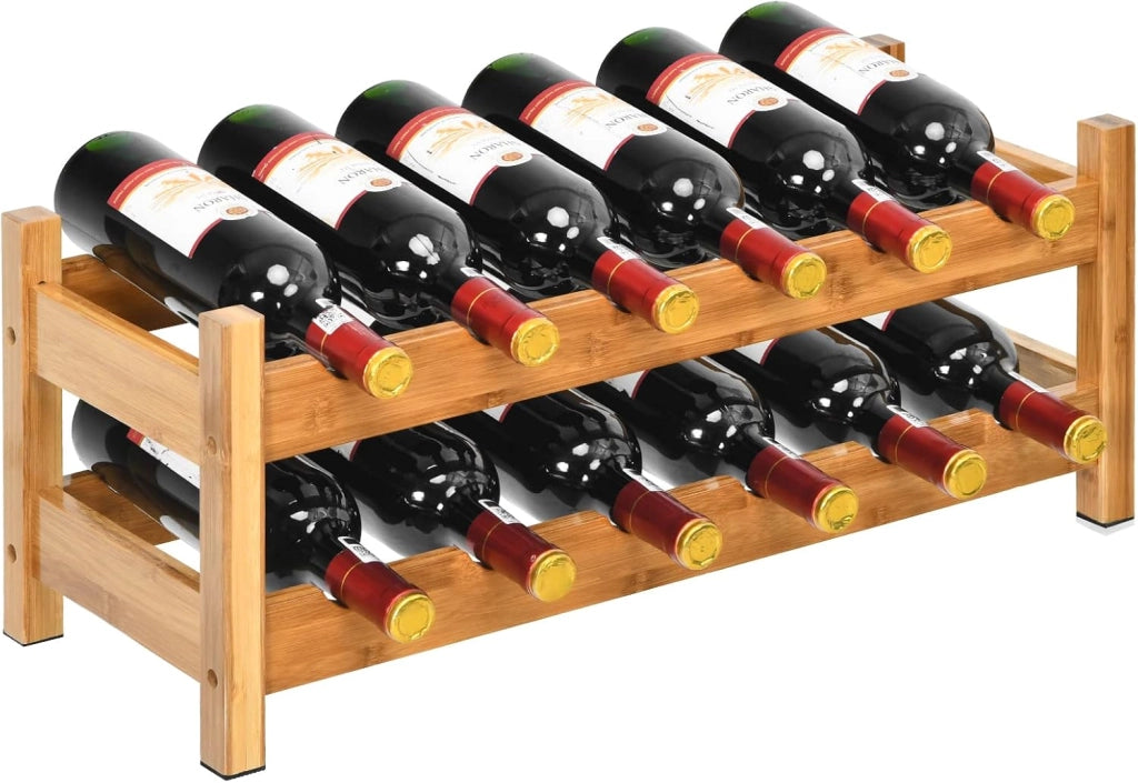 Scaffale Porta Bottiglie di Vino Fino a 12 Bottiglie, Cantinetta in Bambù, 2 Ripiani, 62 x 24 x 25 cm, Colore Naturale