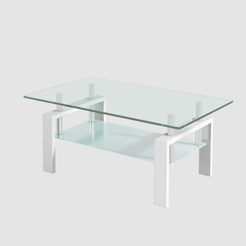 Tavolino da caffè a 2 ripiani per soggiorno in vetro e metallo bianco 100×60×44 cm
