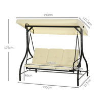 Dondolo da Giardino 3 Posti con Tettuccio Regolabile in Metallo e tessuto Teslin Beige e Nero