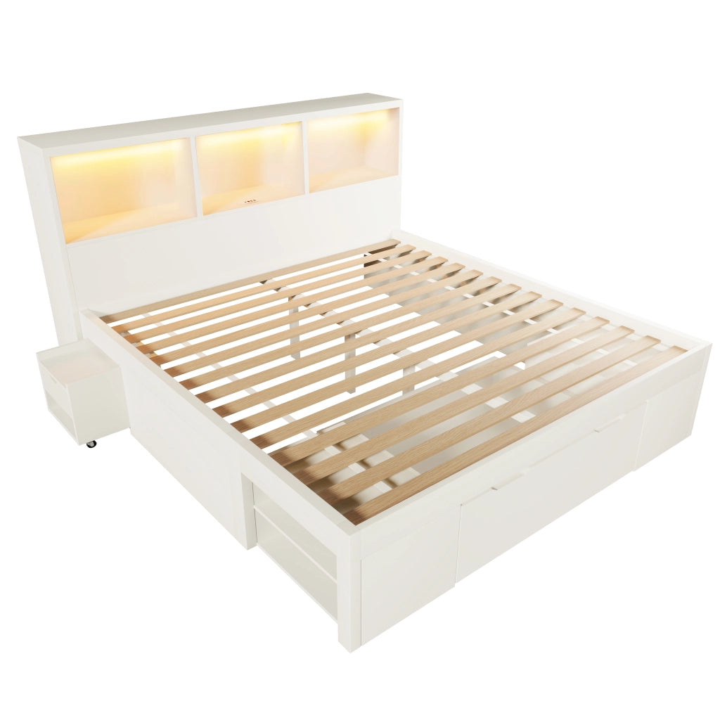Letto funzionale con LED e USB-C - Zephmum- 140x190 cm- Bianco- Con cassetti e ripiani