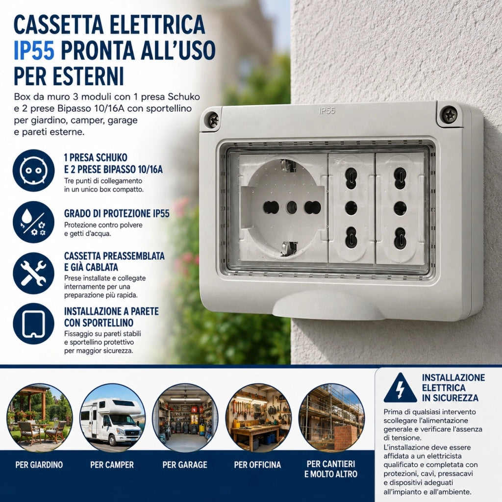 Cassetta Elettrica IP55 con Schuko e 2 Prese Bipasso 10/16A