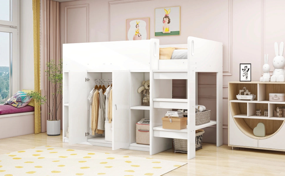 DESMIU Letto a Soppalco 1 Posto con Armadio, Scaffali e Scala 90 × 200 cm, senza materasso, Bianco