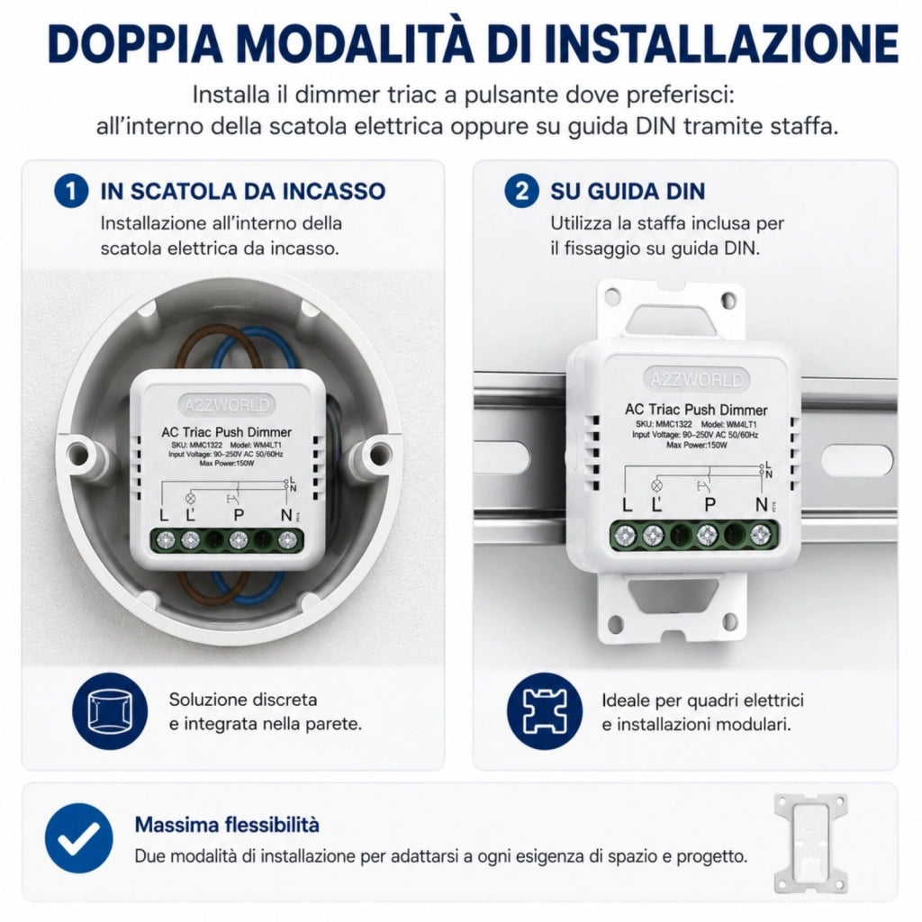 Push AC Triac Dimmer, per Lampada Led Dimmerabile Taglio di Fase, AC 220V 1A Max 150W, Regolabile 10-100%, Sincronizzabile con più Dimmer
