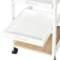 Carrello da Cucina con Ruote, 2 Ripiani Rimovibili, Cassetto, Scaffale, in Legno di Pino, Bianco