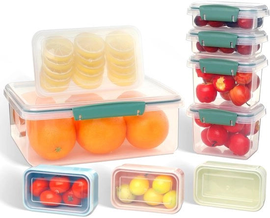 Set di contenitori per alimenti con coperchi, 9 pezzi, resistenti al congelatore, impermeabili, trasparenti e stivellabili, ideali per la preparazione dei pasti e l'organizzazione della cucina (9 contenitori di conservazione + 5 cucchiai di misura)