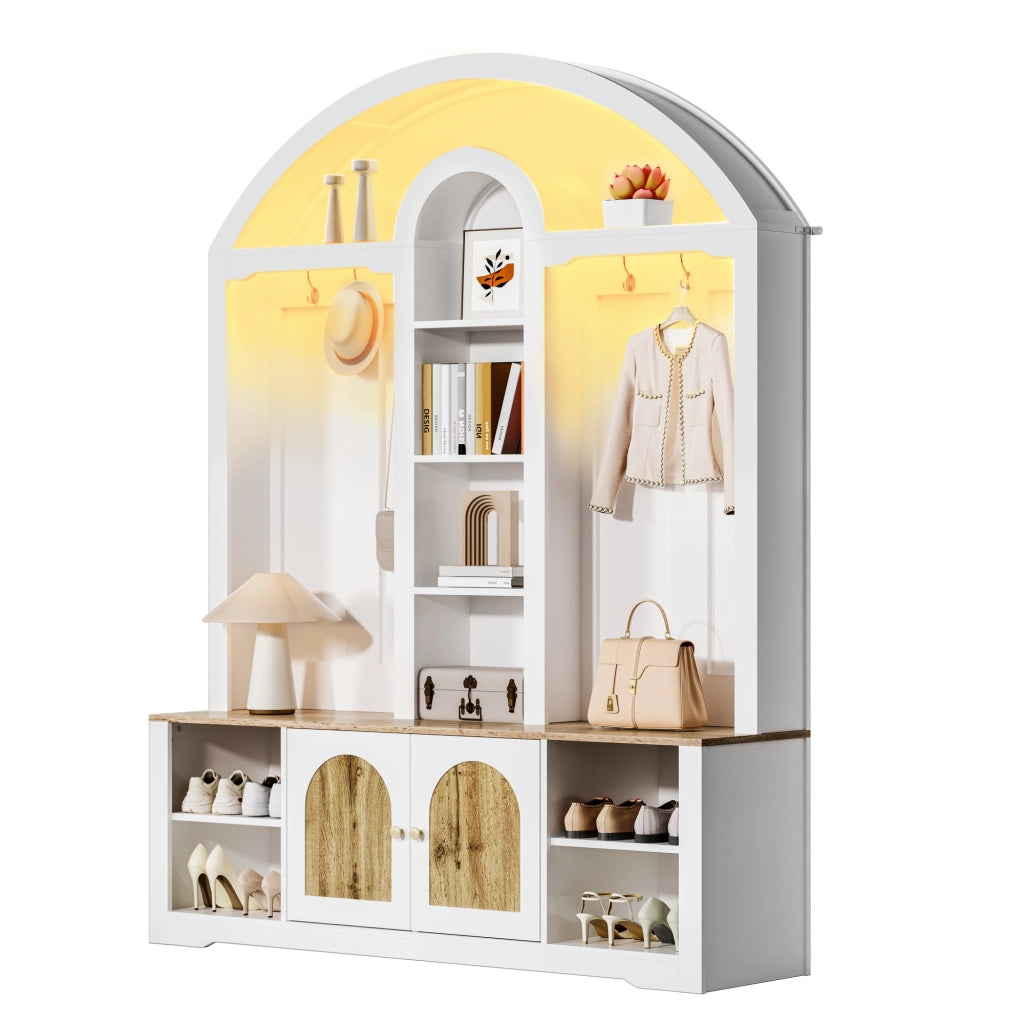 Mobile d'ingresso con 2 Ante; 3 Nicchie e Ganci; con Striscia LED USB; Stile Scandinavo; in MDF; 150??40??195 cm; Bianco