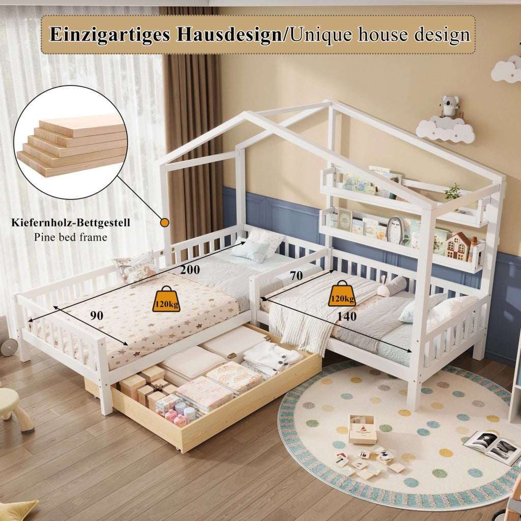 Letto a casetta a L per bambini con cassetto e scaffali bianco