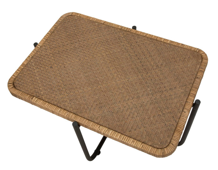 Tavolino Basso 75x55x46,5 cm in Metallo con Piano in Rattan