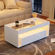 Tavolino basso con LED, 2 cassetti e 2 vani aperti, piano in vetro temperato, per soggiorno, bianco, 100 × 50 × 40 cm