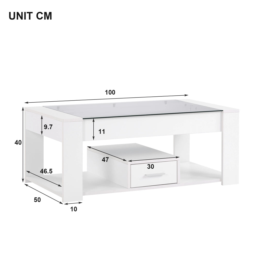 Tavolino da salotto rettangolare con piano in vetro temperato; cassetti e vano contenitore; bianco 100 x 50 x 40 cm