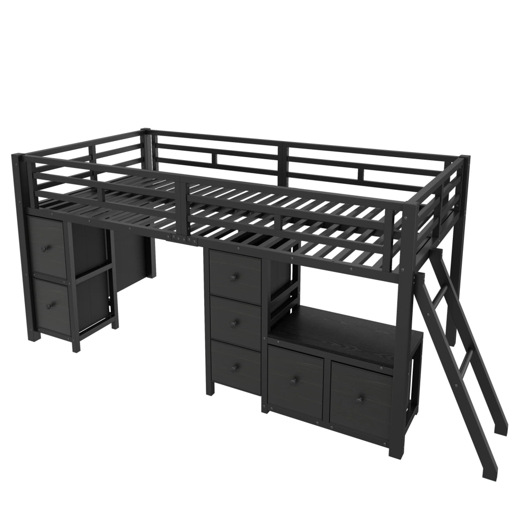 Letto a soppalco basso 208x98x104.5 cm con sponde di sicurezza; LED; metallo; nero