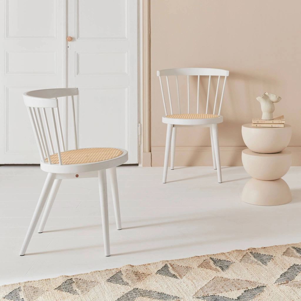 Set di 2 sedie in legno e rattan intrecciato, stile vimini, bianco