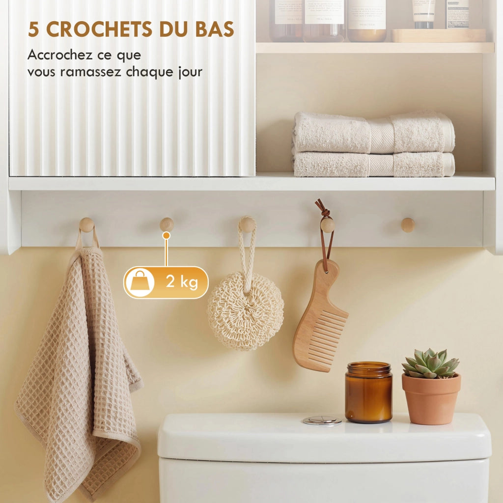 Armadietto da bagno sospeso con ante, ripiani e 5 ganci ¨C zephmum ¨C bianco 60x30x30