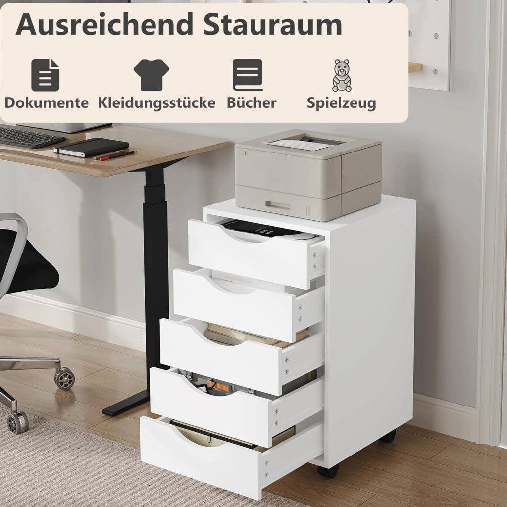 Scrivania a Piedistallo con 5 Cassetti, Schedario Rotante, Comodino, Mobile per Ufficio, Camera da Letto, in Legno Ingegnerizzato PB, Bianco, 40x40x66,5cm, ASK14ws