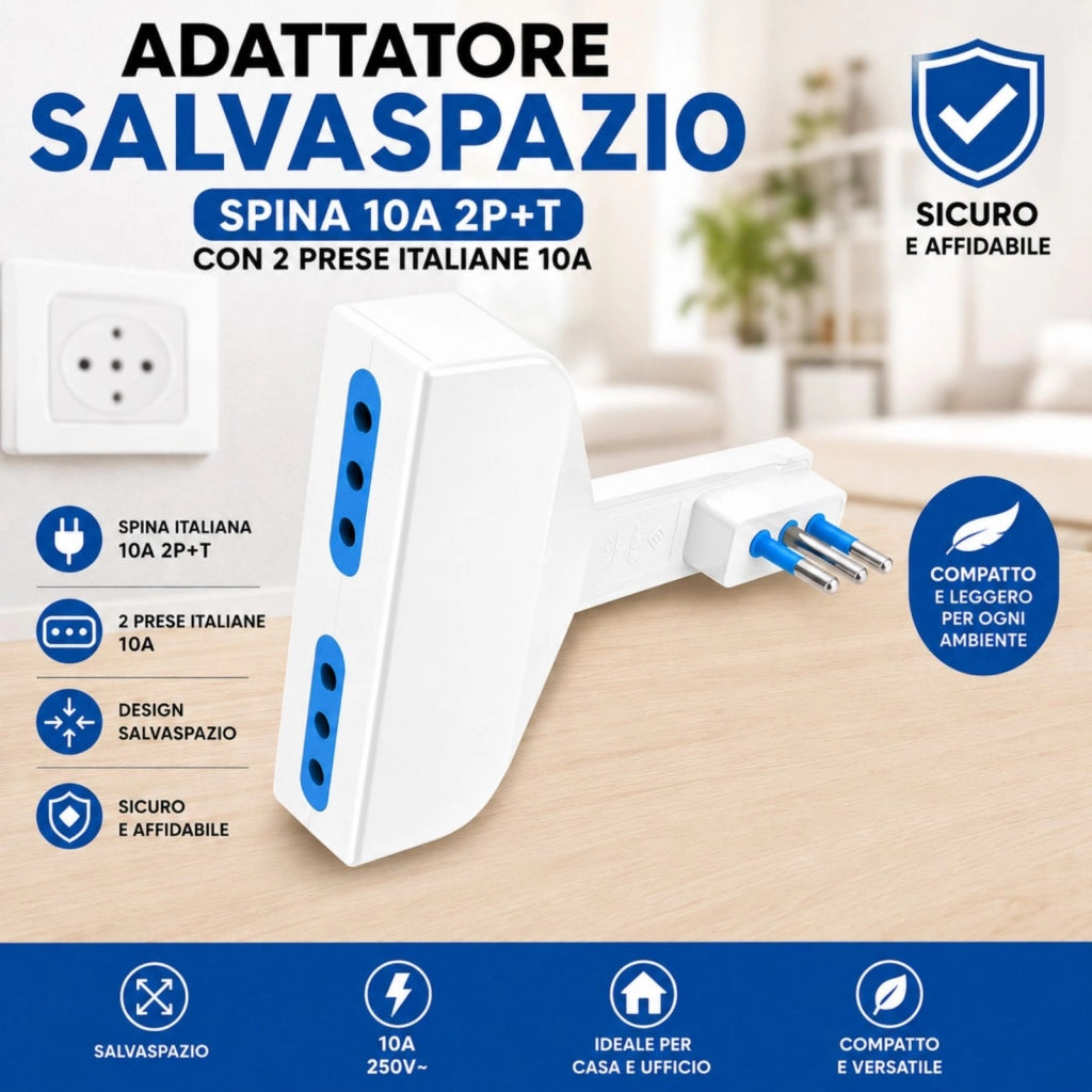 Adattatore Salvaspazio Spina 10A 2P+T con 2 Prese Italiane 10A, Bianco/Nero (Bianco)