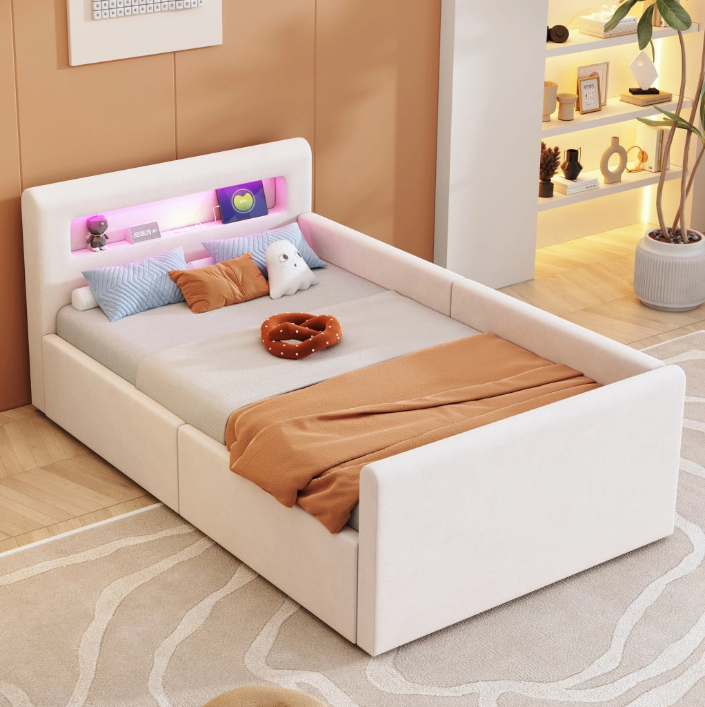 Letto imbottito per bambini 90x200 cm beige con LED, USB e contenitore idraulico