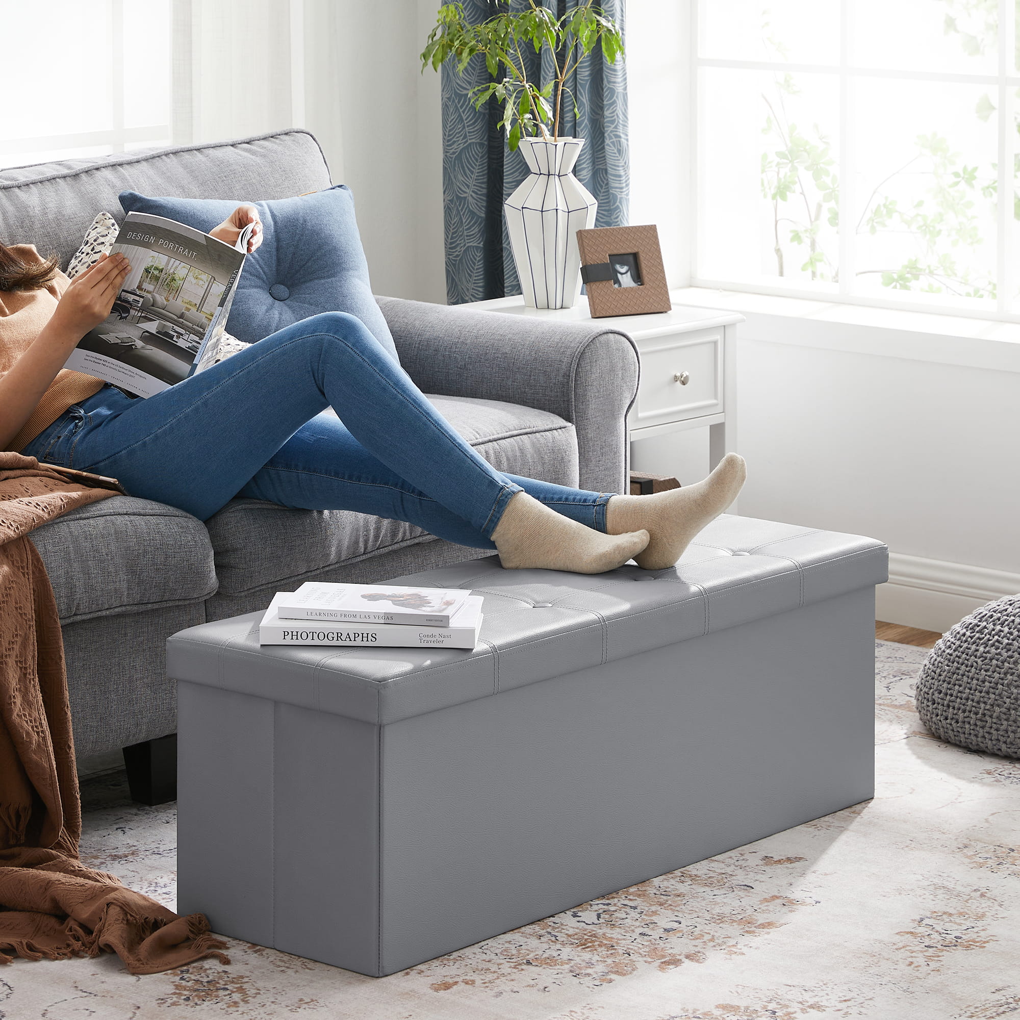 Valora POUF Pouf contenitore grigio chiaro in MDF per camera da letto