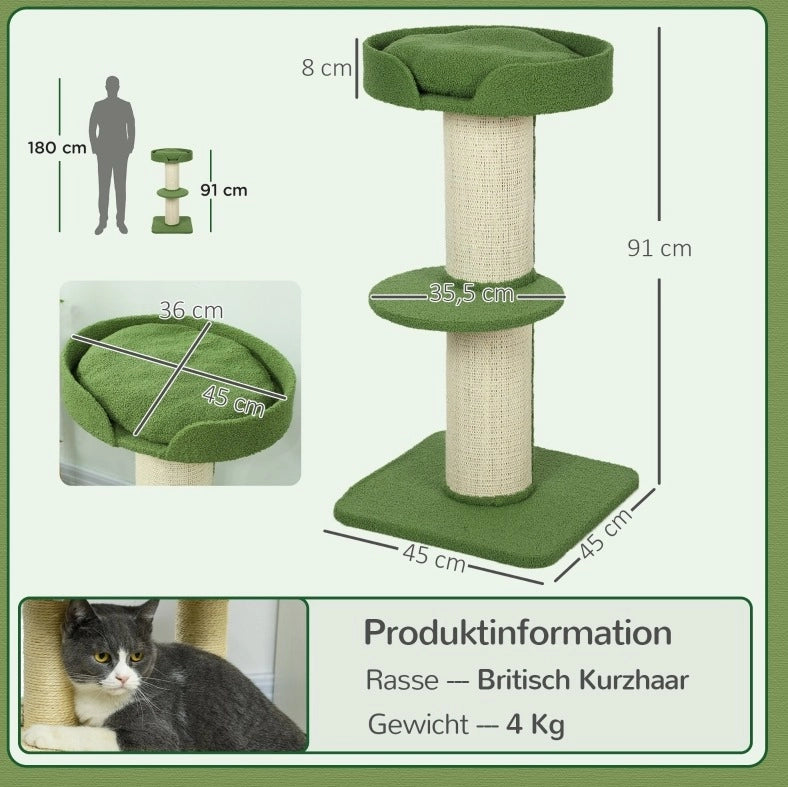 Tiragraffi per gatti verde con piattaforme, 91 cm