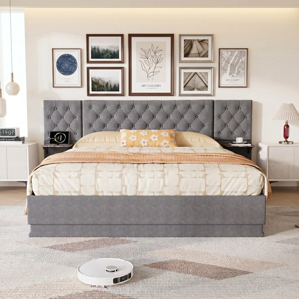 Letto matrimoniale 160x200 cm con contenitore LED USB ricarica wireless testiera con mensole rete a doghe legno metallo lino - beige