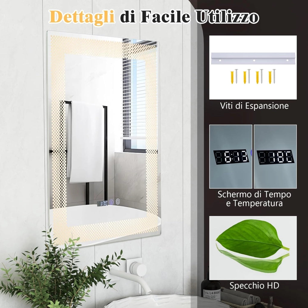 Specchio LED a Parete 70x50cm, Specchio da Bagno HD Antappannamento con 3 Luci Colori, Funzione Memoria Lettura di Tempo e Temperatura, Specchio rettangolare Intelligente IP44