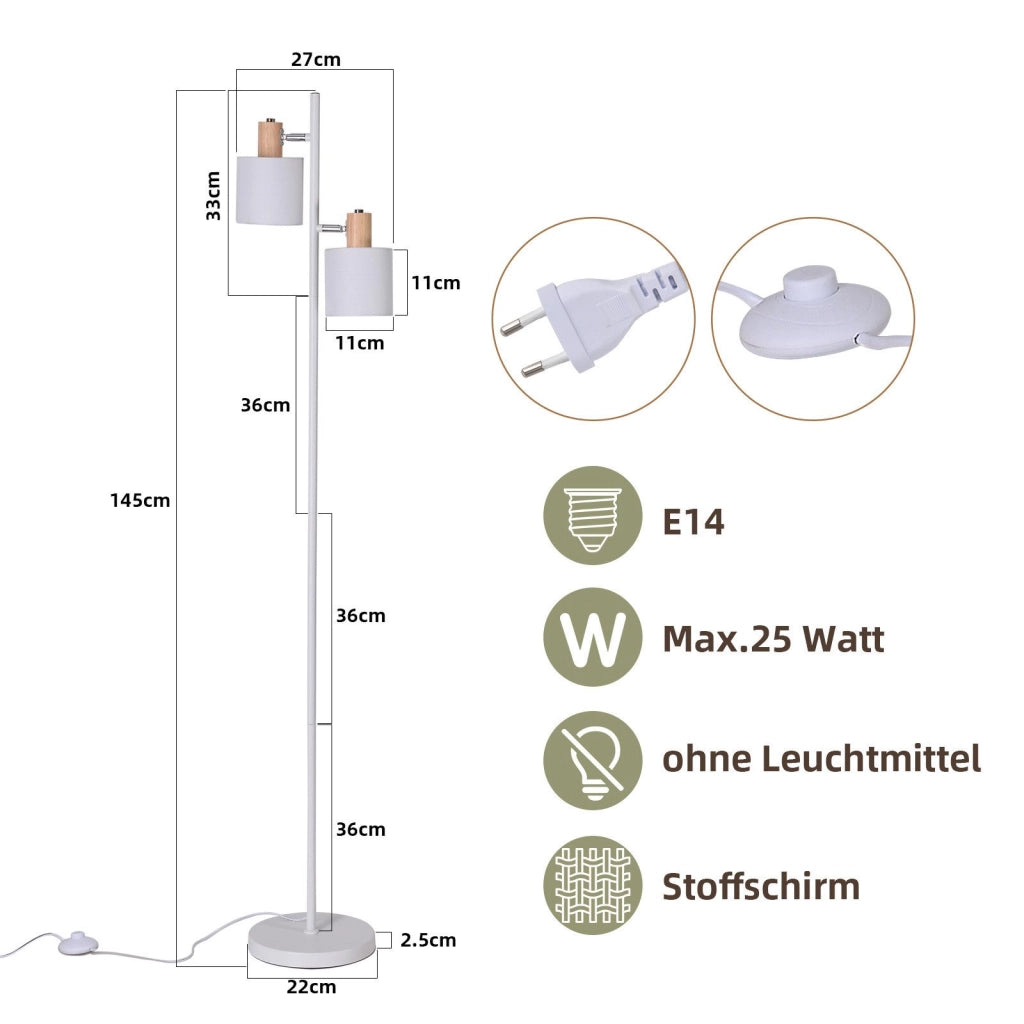 ZMH Lampada da terra 145cm 2 fiamme paralume tessuto bianco girevole per soggiorno camera letto