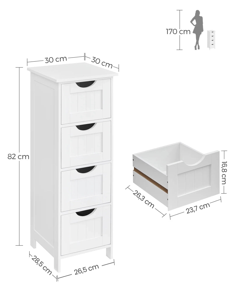 Mobiletto da bagno su gambe mobile contenitore con 4 cassetti 30 x 30 x 82 cm per soggiorno cucina e corridoio bianco 12_0006505