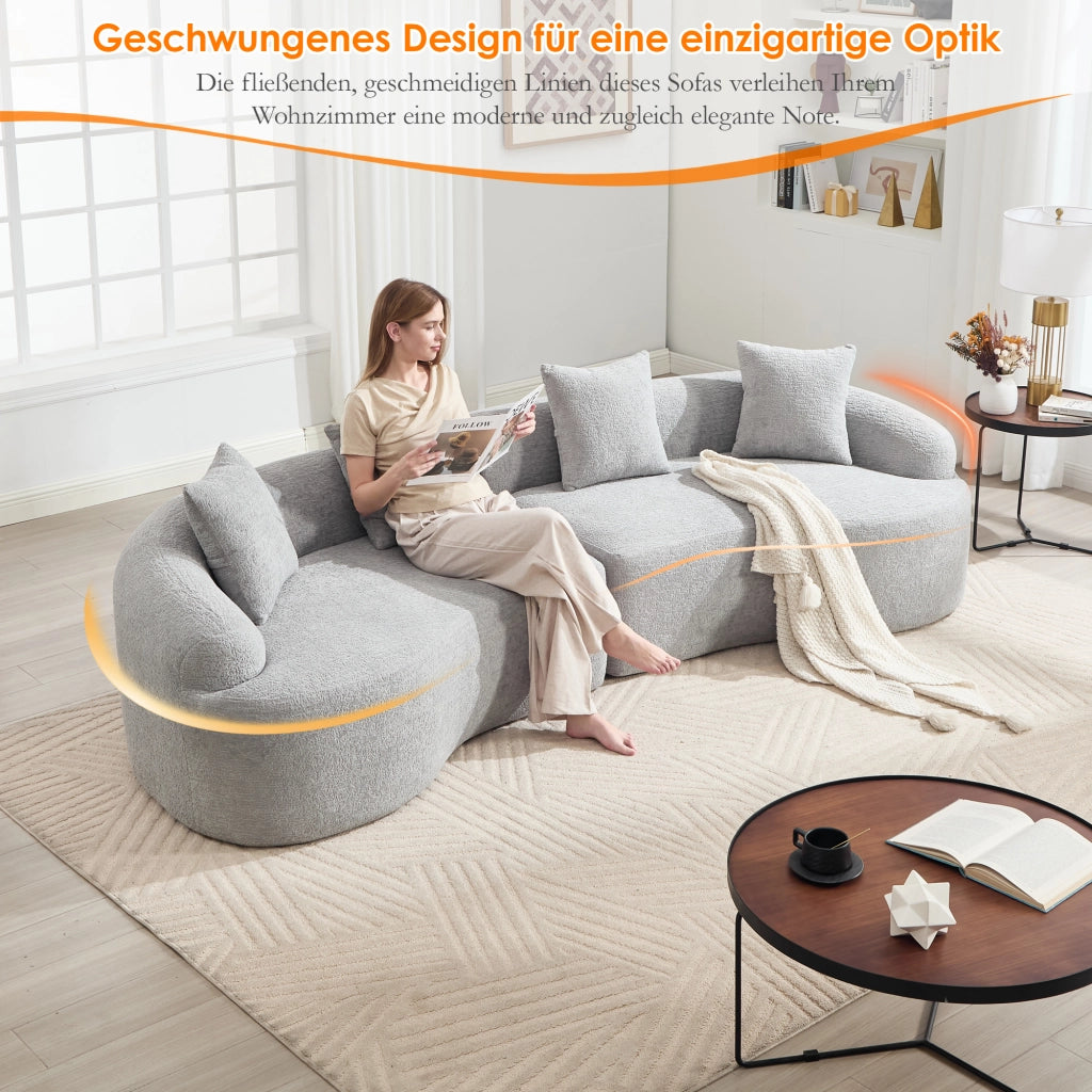 Divano angolare modulare 4 posti in ciniglia con design curvo e seduta ampia, per salotto, grigio 275 × 115 × 63 cm