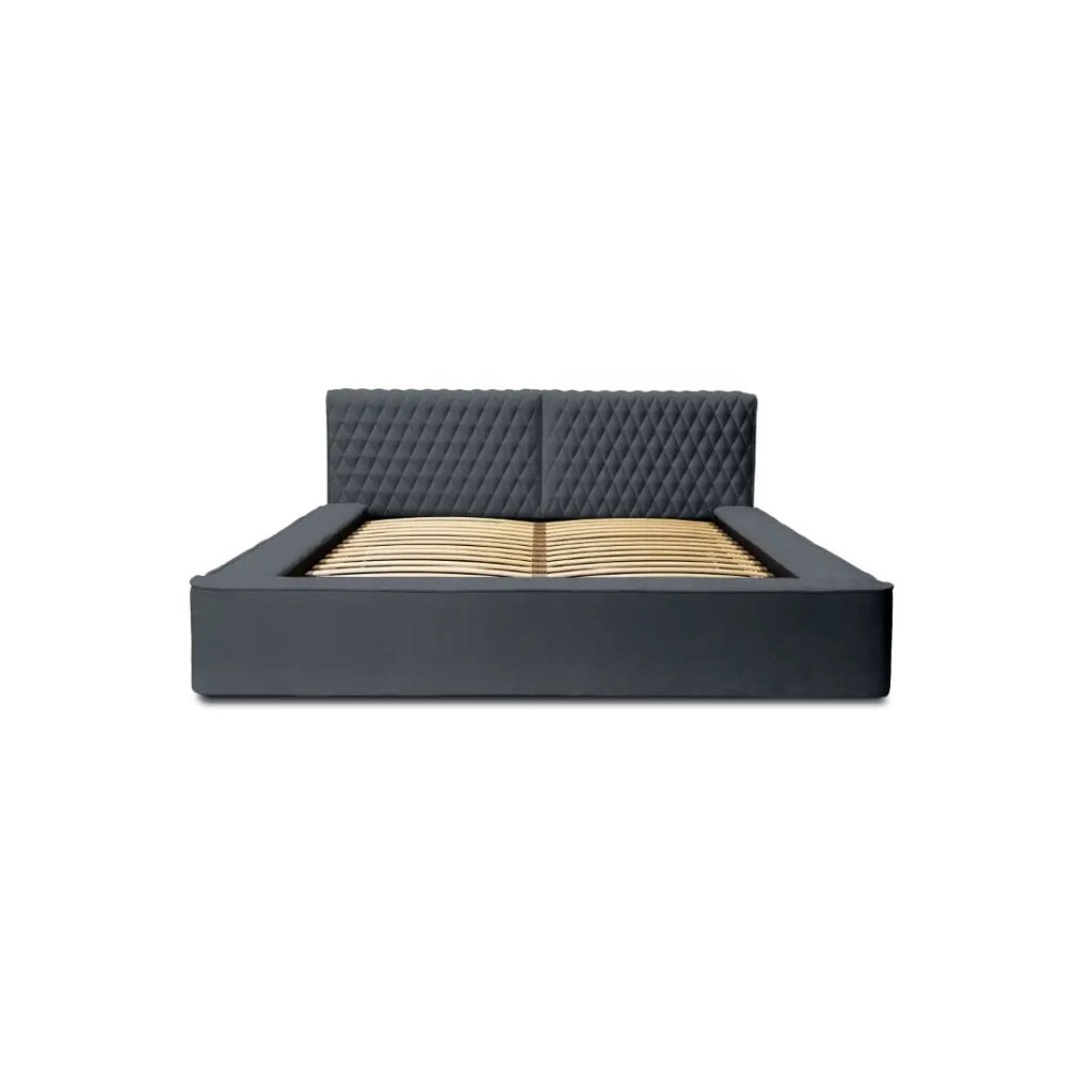 Lettino VERNON – Tessuto in ciniglia bouclé Blu carbone – 160x200 cm – Rete sollevabile – Design di alta gamma