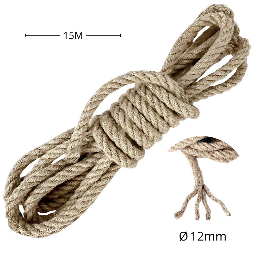 Corda di juta 12 mm x 15 m fune, spago di canapa naturale fai da te, giardino