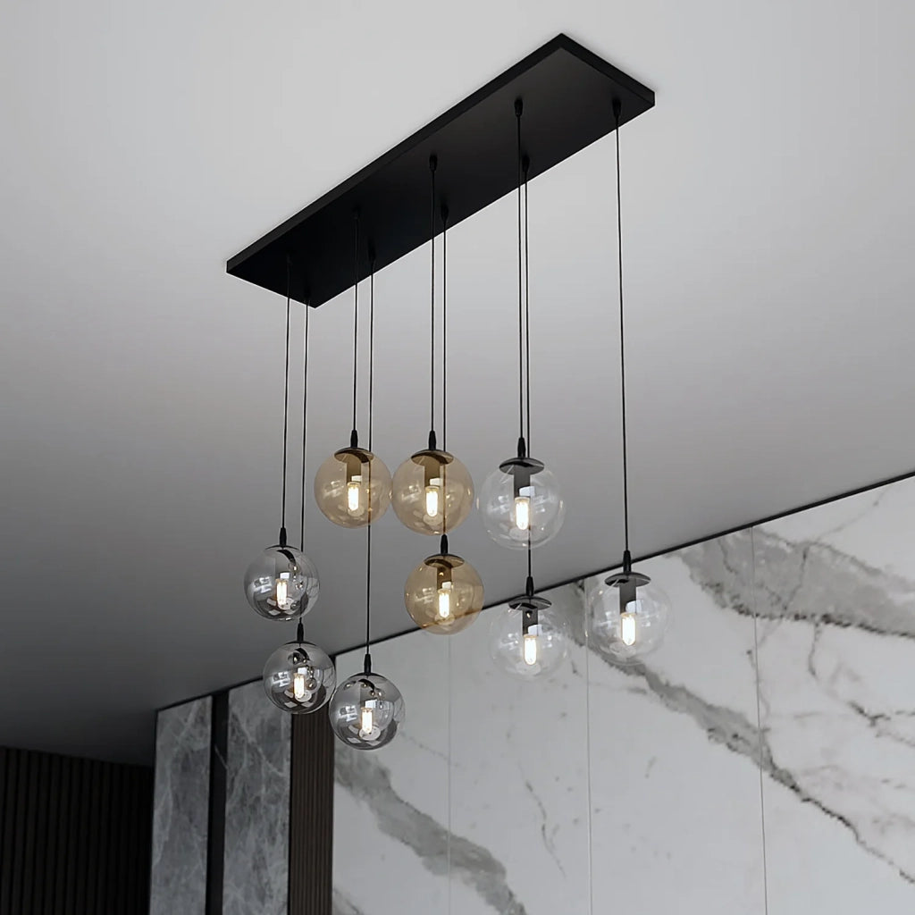 Sospensione Moderna 9 Luci Kali In Acciaio Nero E Sfere In Vetro Multicolor