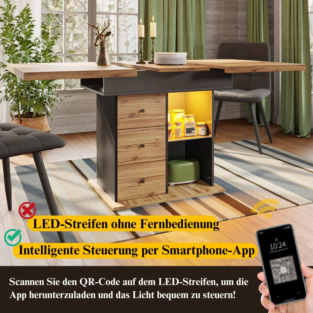 Tavolo da pranzo allungabile con LED, USB e vano contenitore 110-140x80 cm