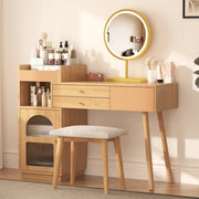 Set toeletta con specchio LED a 3 colori, 3 cassetti e mobile laterale, colore naturale