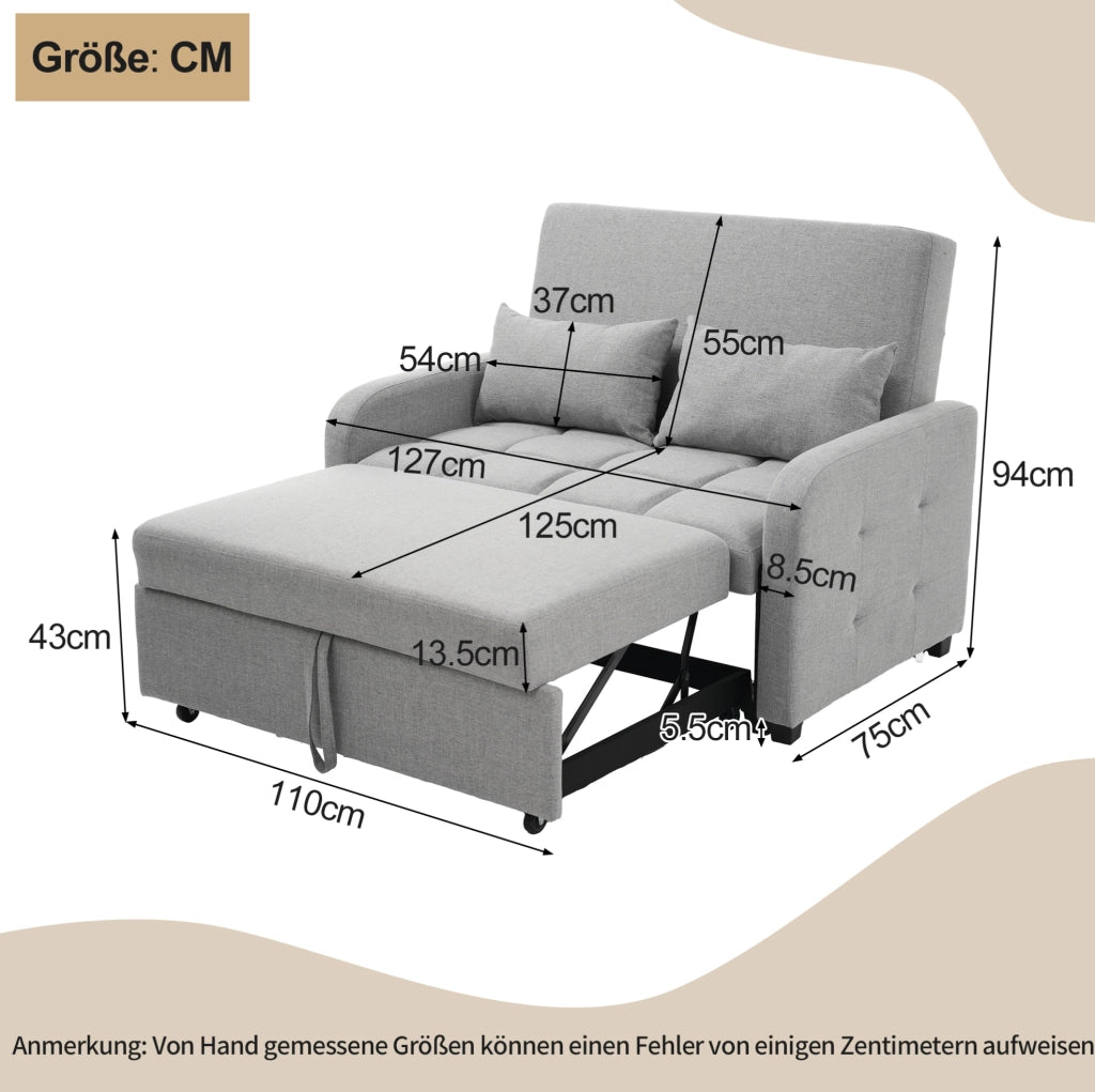 Divano letto pieghevole con schienale reclinabile a 3 posizioni; 127 cm; grigio antico